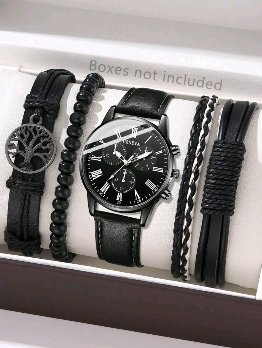 RELOJ HOMBRE SET 4 PULSERAS 1 CON DIJE ROBLE, 1 PERLA NEGRA, 1 BLANCO Y NEGRO, 1 CUERO AMARRADO R36